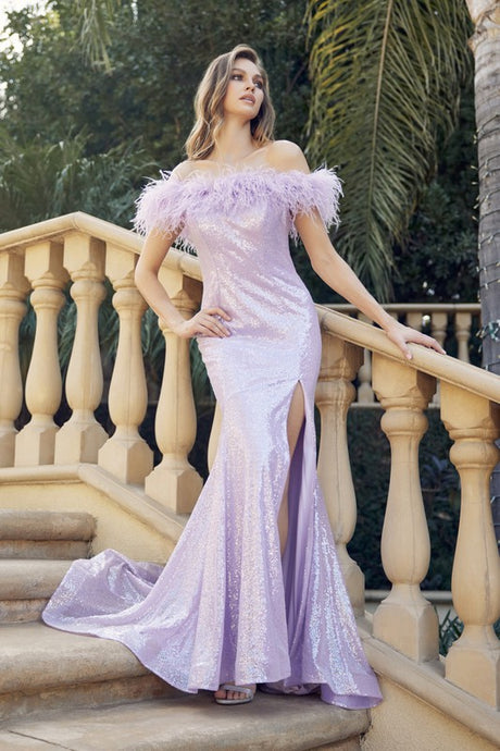 Light Purple Feather Neckline Off The Shoulder And High Slit Dress