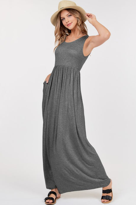 Dark Grey Sleeveless Maxi Dress With Empire Waist Shirring And Pockets