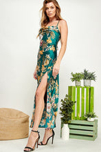 Emerald Green Floral Print Satin Slit Open Back Dress