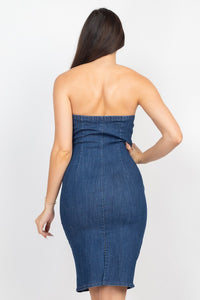 Strapless Sleeve Waist Tie Denim Dress