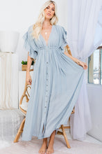 Misty Blue Deep V Neck Ruffle Maxi Dress