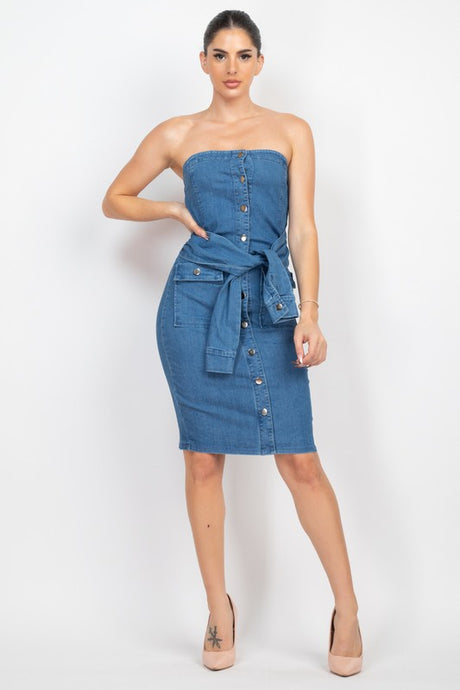 Strapless Sleeve Waist Tie Denim Dress