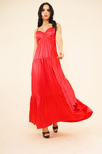 Red Strech Satin Solid Back Open Long Dress