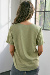 Olive Slub Knit Jersey Top With Button Up Detail