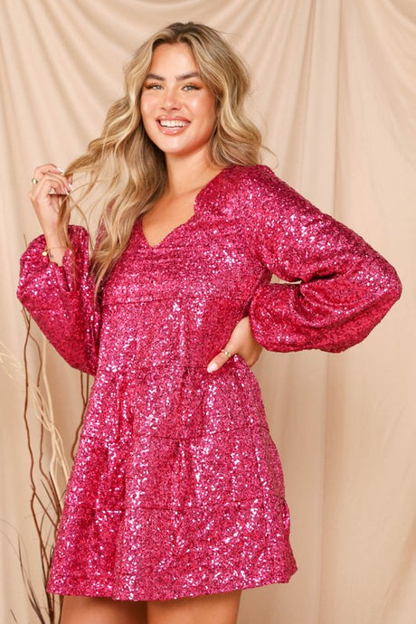 Pink Sequin Tiered Mini Dress