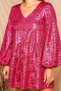 Pink Sequin Tiered Mini Dress
