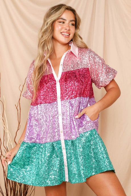 Color Block Sequin Tiered Mini Dress