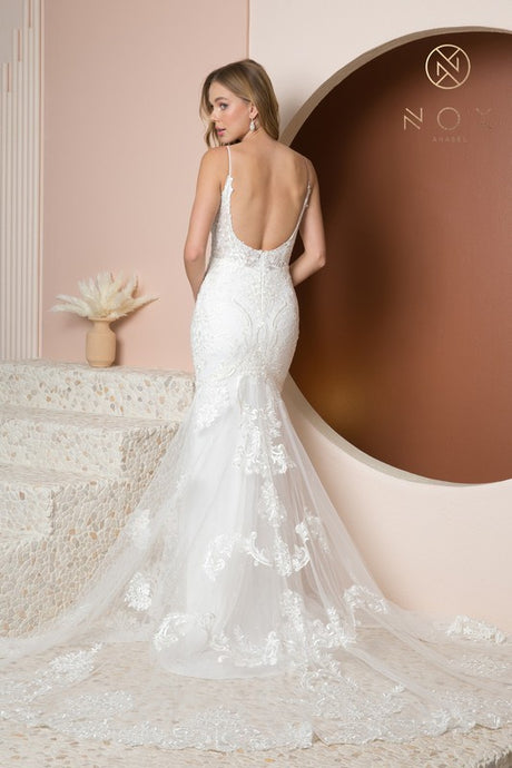 White Long Lace and Tulle Wedding Dress with Open Back