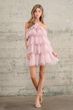 Nude Halter Neck Tulle Ruffle Mini Dress