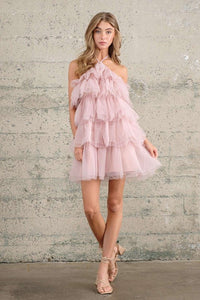 Nude Halter Neck Tulle Ruffle Mini Dress