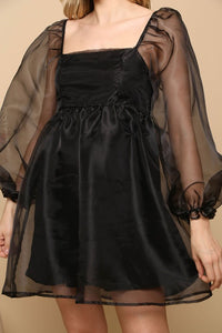Black Organza Puff Baydoll Mini Dress
