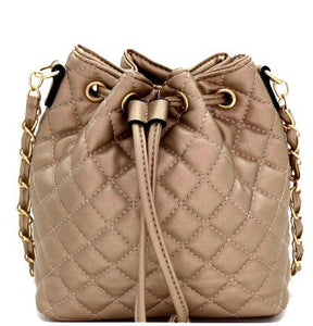 Champagne Quilted Drawstring Bucket Crossbody Bag Satchel