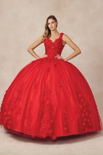 Red Floral Applique Quinceanera Ball Gown With 3d Flow