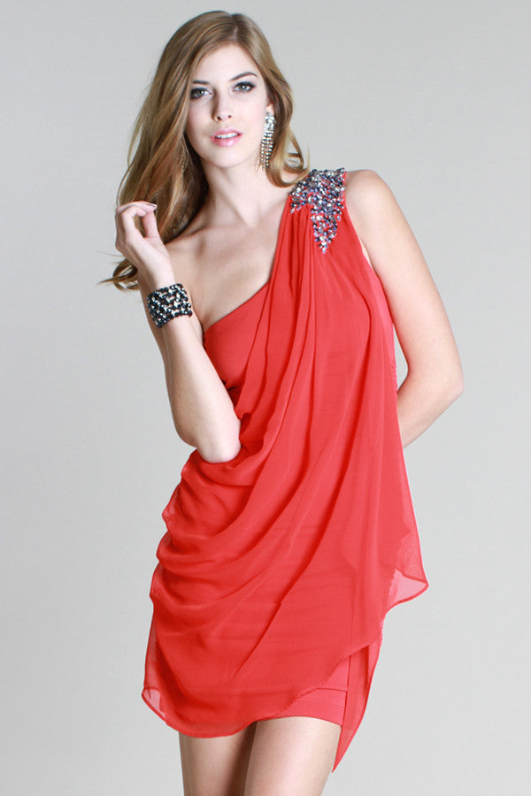 One Shoulder Draped Jeweled Dress