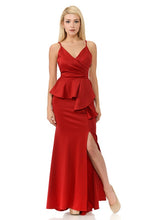 Red Wrap Top Strap Peplum Waist Thigh Slit Long Dress