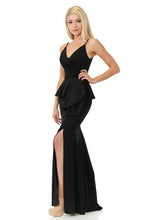 Black Wrap Top Strap Peplum Waist Thigh Slit Long Dress