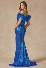 Royal Blue Feather Neckline Off The Shoulder And High Slit Dress