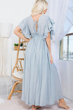 Misty Blue Deep V Neck Ruffle Maxi Dress