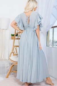 Misty Blue Deep V Neck Ruffle Maxi Dress