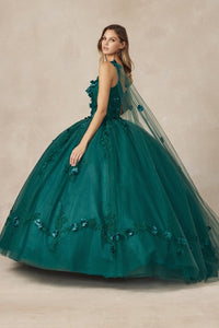 Emerald Green Long Tulle Cape With 3d Flowers Applique Quinceane