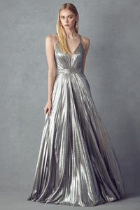 Charcoal Pleated V-neck Prom Evening Dress