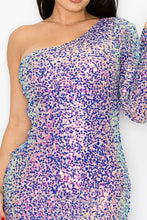 Purple One Shoulder Feather Sequin Long Sleeve