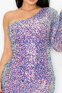 Purple One Shoulder Feather Sequin Long Sleeve