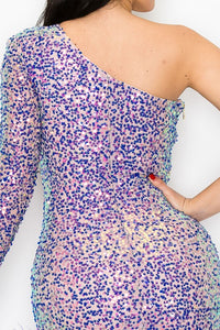 Purple One Shoulder Feather Sequin Long Sleeve