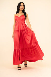 Red Strech Satin Solid Back Open Long Dress