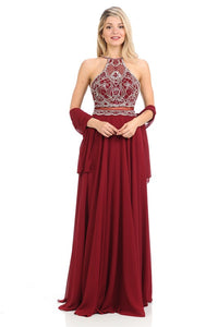 Burgundy Sheer Illusion Halter Razor Embellish Prom Dress