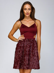 Burgundy Rosette Faux Leather Cutout Dress