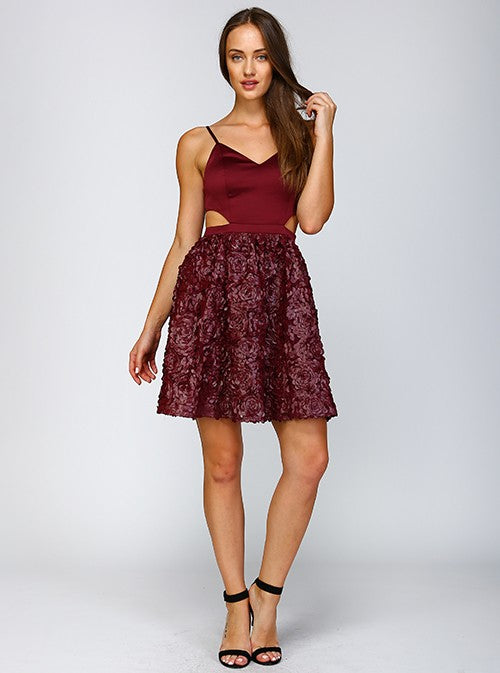 Burgundy Rosette Faux Leather Cutout Dress