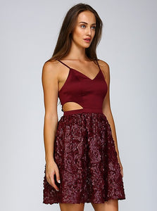 Burgundy Rosette Faux Leather Cutout Dress