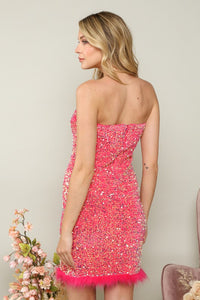 Fuchsia Sequin Faux Fur Bodycon Mini Dress