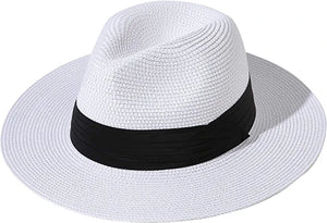 White Summer Banding Beach Straw Sunhat