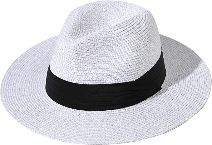 White Summer Banding Beach Straw Sunhat