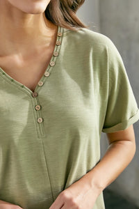 Olive Slub Knit Jersey Top With Button Up Detail