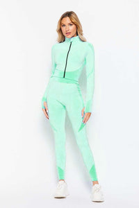 Mint Honey Comb Active Cropped Jacket Leggings Set