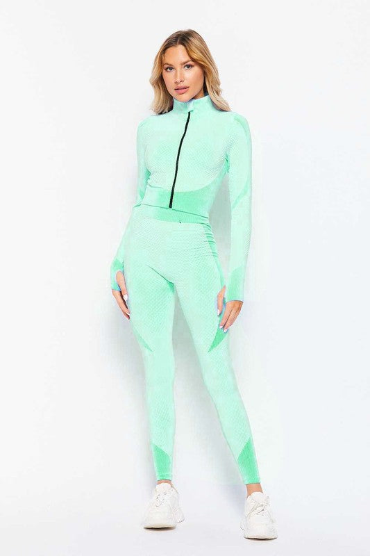 Mint Honey Comb Active Cropped Jacket Leggings Set