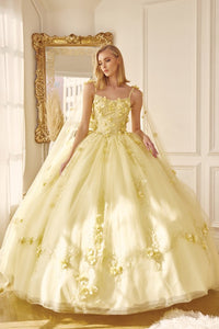 Yellow Long Tulle Cape With 3d Flowers Applique Quinceane