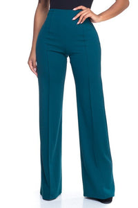 Hunter Green Solid, Full Length Pants In A Flare Style With A High Waist, And Wide Legs