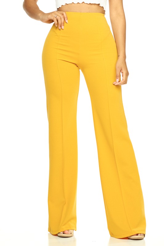 Light Yellow Solid, Full Length Pants In A Flare Style With A High Waist, And Wide Legs