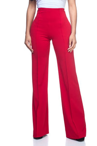 Red Solid, Full Length Pants In A Flare Style With A High Waist, And Wide Legs