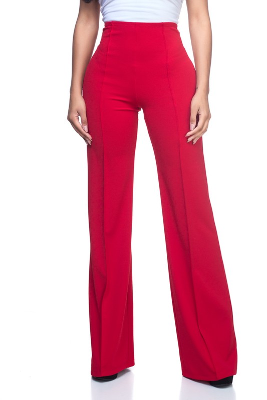 Red Solid, Full Length Pants In A Flare Style With A High Waist, And Wide Legs