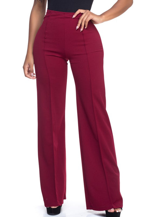 Burgundy Solid, Full Length Pants In A Flare Style With A High Waist, And Wide Legs