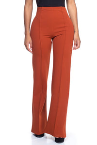 Rust Solid, Full Length Pants In A Flare Style With A High Waist, And Wide Legs
