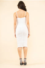 Off White Solid Mesh Drape Neck Side Cinch Midi Dress