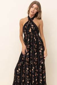 Black Floral Maxi Dress With Ruffle Details