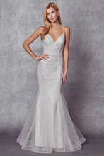 White Glitter Mesh Fitted Evening Prom Gown