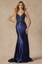 Navy Blue Embroidered Bodice Plunging Neck Prom Dress